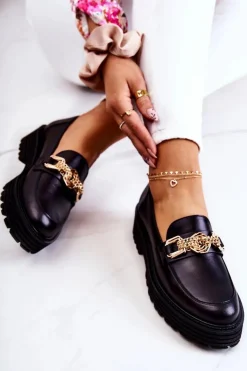 Damskie Laura Messi Damskie Półbuty Złota Ozdoba Skórzane 2383 Czarne