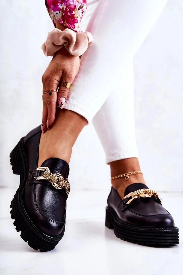 Damskie Laura Messi Damskie Półbuty Złota Ozdoba Skórzane 2383 Czarne