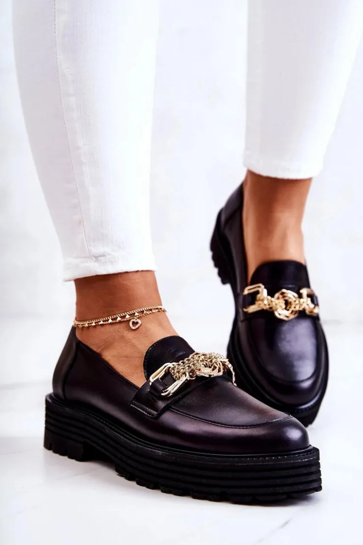 Damskie Laura Messi Damskie Półbuty Złota Ozdoba Skórzane 2383 Czarne