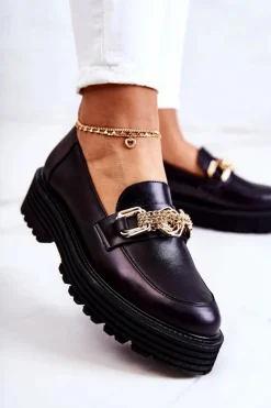 Damskie Laura Messi Damskie Półbuty Złota Ozdoba Skórzane 2383 Czarne