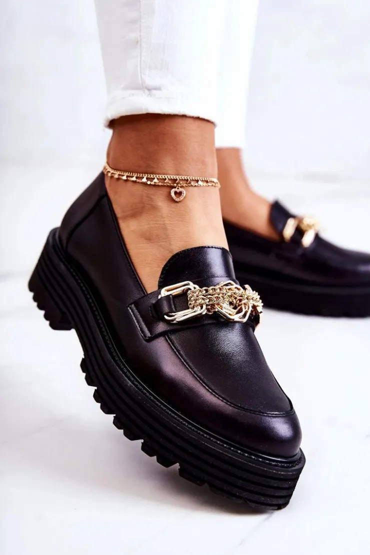 Damskie Laura Messi Damskie Półbuty Złota Ozdoba Skórzane 2383 Czarne