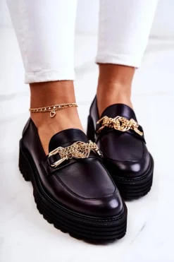 Damskie Laura Messi Damskie Półbuty Złota Ozdoba Skórzane 2383 Czarne