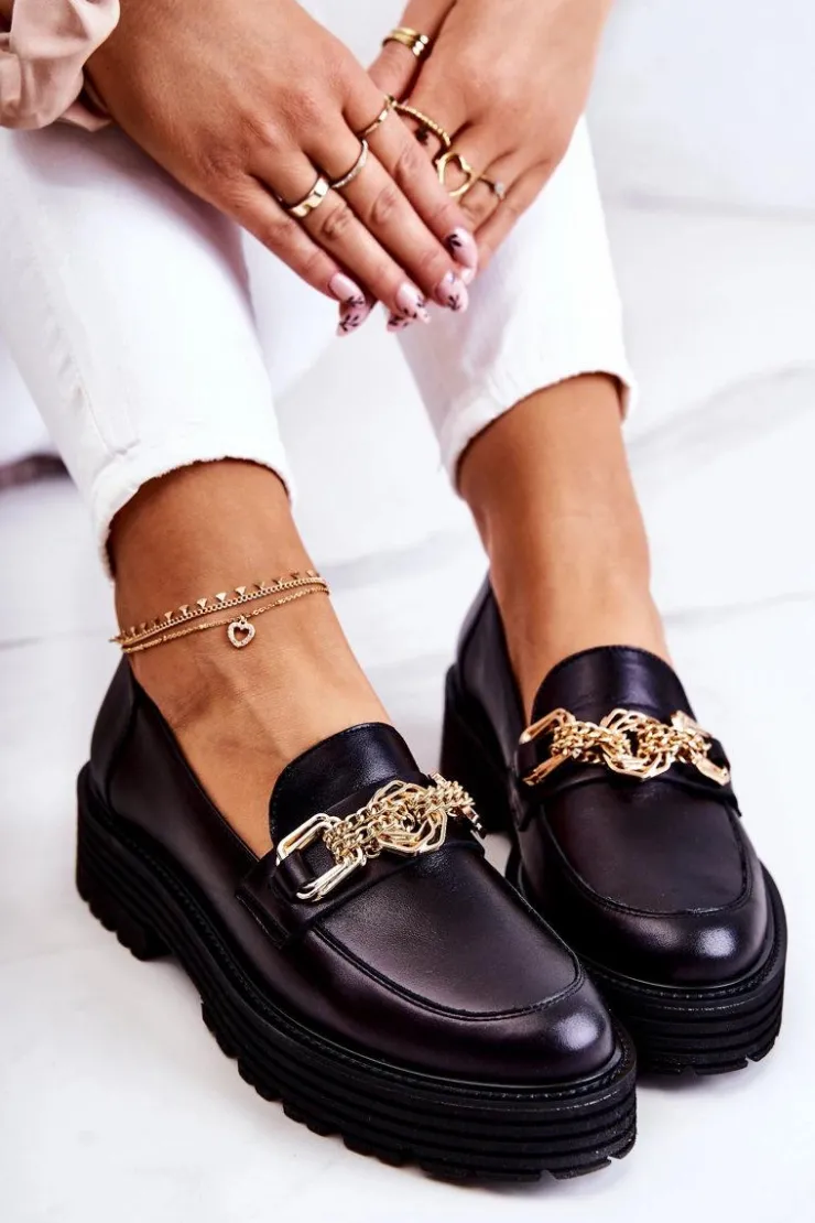 Damskie Laura Messi Damskie Półbuty Złota Ozdoba Skórzane 2383 Czarne