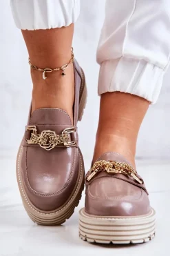 Damskie Laura Messi Damskie Półbuty Złota Ozdoba Skórzane 2383 Ciemny Beż