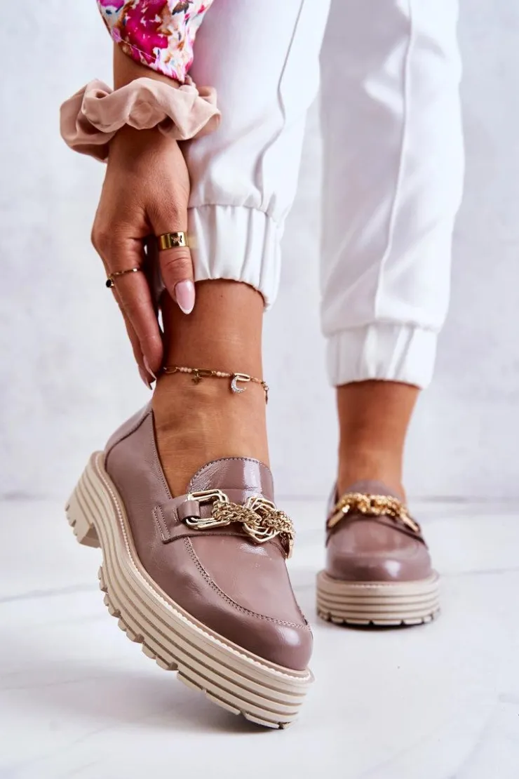 Damskie Laura Messi Damskie Półbuty Złota Ozdoba Skórzane 2383 Ciemny Beż