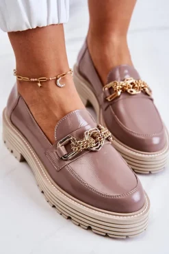 Damskie Laura Messi Damskie Półbuty Złota Ozdoba Skórzane 2383 Ciemny Beż