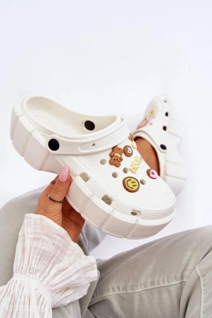 Boto Klapki Basenowe|Klapki Na Platformie*Damskie Piankowe Klapki Kroksy Z Ozdobami Białe Marlett