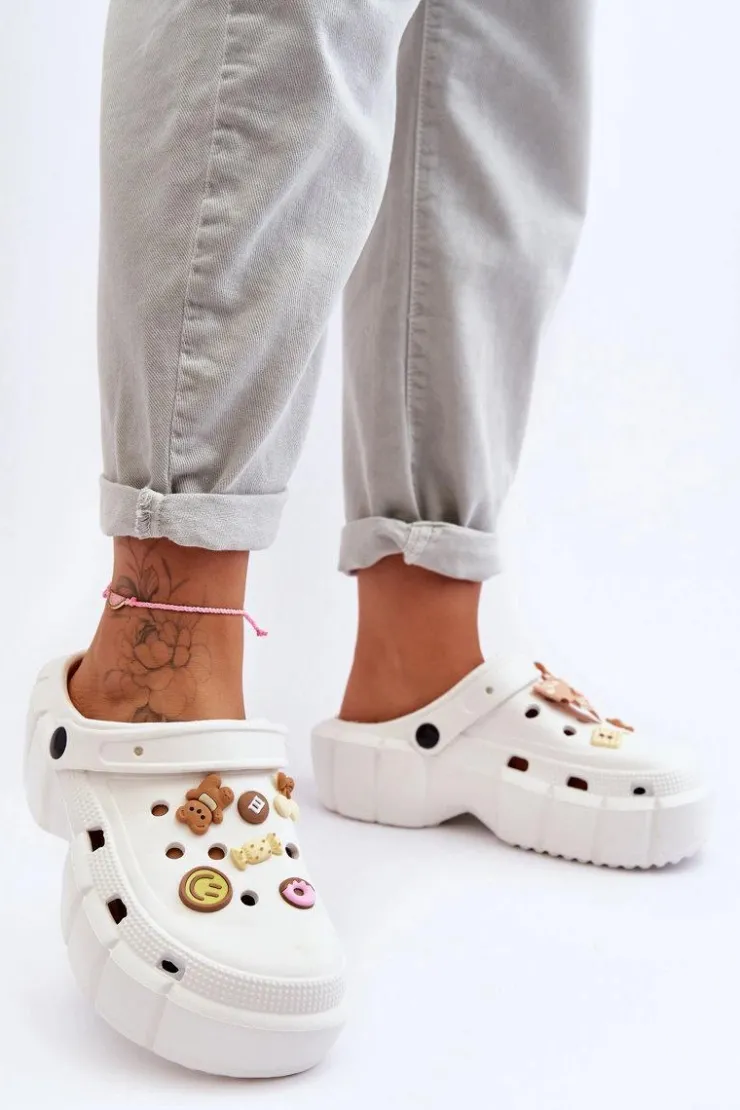 Boto Klapki Basenowe|Klapki Na Platformie*Damskie Piankowe Klapki Kroksy Z Ozdobami Białe Marlett