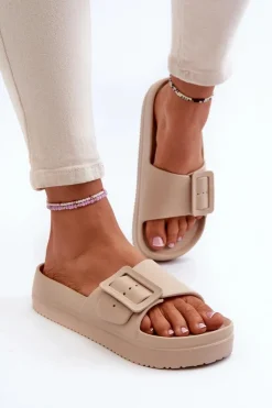 Big Star Shoes Klapki Damskie Big Star|Klapki Basenowe*Damskie Piankowe Klapki Na Platformie Z Klamrą Big Star NN274A666 Beżowe Beżowy