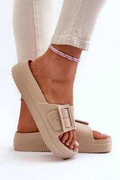 Big Star Shoes Klapki Damskie Big Star|Klapki Basenowe*Damskie Piankowe Klapki Na Platformie Z Klamrą Big Star NN274A666 Beżowe Beżowy