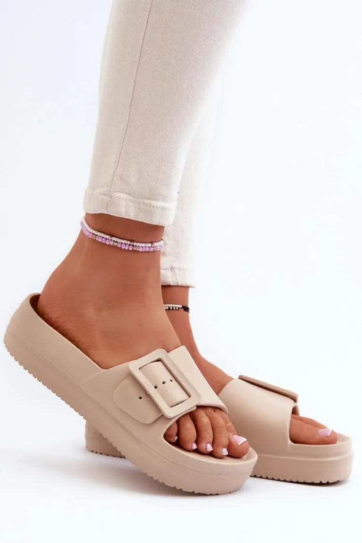 Big Star Shoes Klapki Damskie Big Star|Klapki Basenowe*Damskie Piankowe Klapki Na Platformie Z Klamrą Big Star NN274A666 Beżowe Beżowy