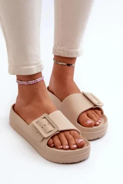 Big Star Shoes Klapki Damskie Big Star|Klapki Basenowe*Damskie Piankowe Klapki Na Platformie Z Klamrą Big Star NN274A666 Beżowe Beżowy