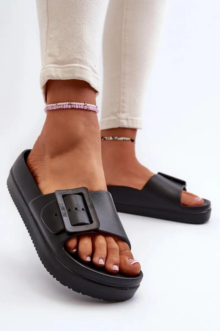 Big Star Shoes Klapki Damskie Big Star|Klapki Basenowe*Damskie Piankowe Klapki Na Platformie Z Klamrą Big Star NN274A662 Czarne Czarny