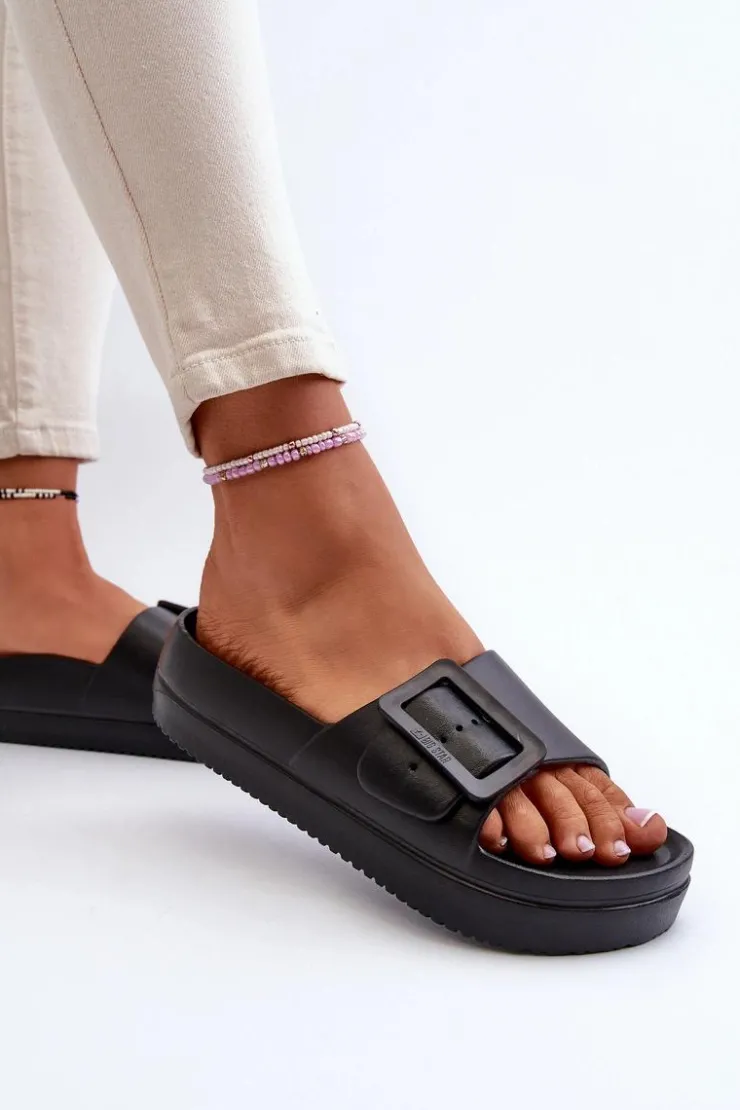 Big Star Shoes Klapki Damskie Big Star|Klapki Basenowe*Damskie Piankowe Klapki Na Platformie Z Klamrą Big Star NN274A662 Czarne Czarny