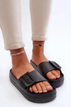 Big Star Shoes Klapki Damskie Big Star|Klapki Basenowe*Damskie Piankowe Klapki Na Platformie Z Klamrą Big Star NN274A662 Czarne Czarny