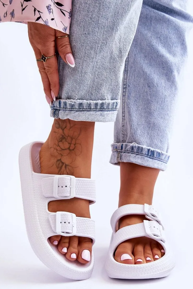 Outlet Boto Damskie Piankowe Klapki Z Paskami Białe Sharmen