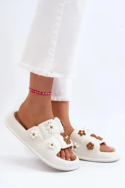 Outlet Boto Damskie Piankowe Klapki Z Ozdobami Białe Cambrina