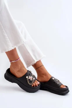 Clearance Boto Damskie Piankowe Klapki Z Ozdobami Czarne Afariana