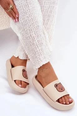 New Boto Damskie Piankowe Klapki Z Misiem Beżowe Lalon