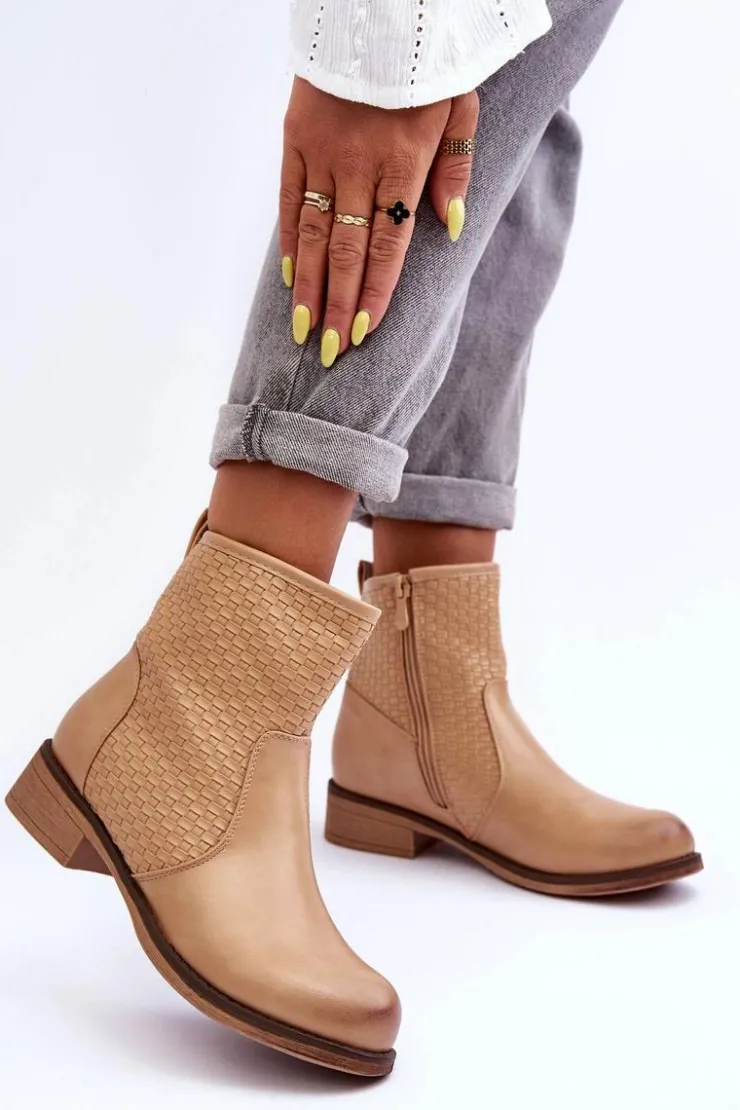 Boto Botki Wiosenne|Brązowe I Beżowe Botki*Damskie Plecione Botki Beżowe Chilly