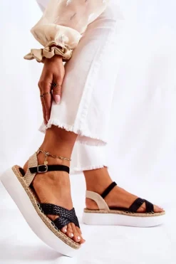 Boto Sandały Płaskie*Damskie Plecione Sandały Na Platformie Czarne Selea