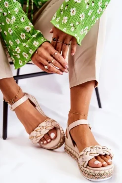 Boto Sandały Na Koturnie*Damskie Plecione Sandały Na Koturnie Beżowe Chaves