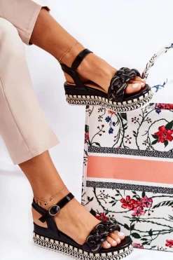 Clearance Boto Damskie Plecione Sandały Na Koturnie Czarne Chaves