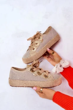 Damskie Big Star Shoes Damskie Plecione Tenisówki Big Star JJ274392 Beżowo-Złote