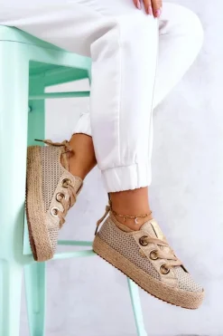 Damskie Big Star Shoes Damskie Plecione Tenisówki Big Star JJ274392 Beżowo-Złote