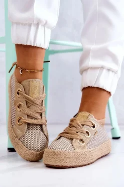 Damskie Big Star Shoes Damskie Plecione Tenisówki Big Star JJ274392 Beżowo-Złote