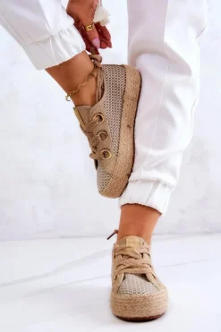 Damskie Big Star Shoes Damskie Plecione Tenisówki Big Star JJ274392 Beżowo-Złote