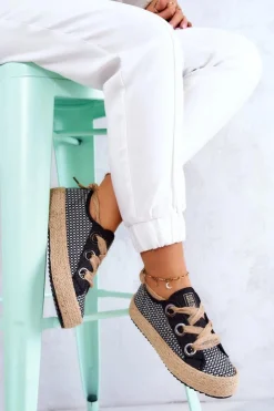 Big Star Shoes Trampki Damskie Big Star|Trampki Damskie Niskie*Damskie Plecione Tenisówki Big Star JJ274393 Czarne