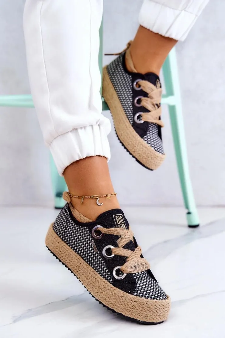 Big Star Shoes Trampki Damskie Big Star|Trampki Damskie Niskie*Damskie Plecione Tenisówki Big Star JJ274393 Czarne