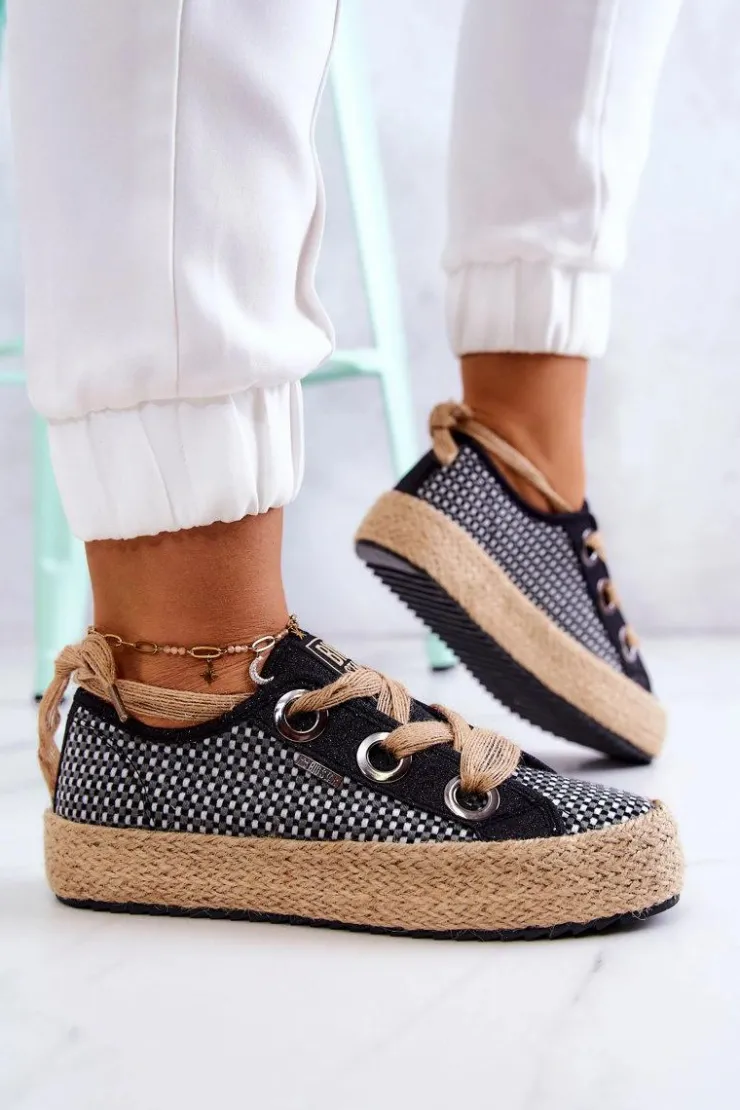 Big Star Shoes Trampki Damskie Big Star|Trampki Damskie Niskie*Damskie Plecione Tenisówki Big Star JJ274393 Czarne