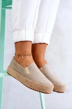 Big Star Shoes Trampki Damskie Slip-On|Trampki Damskie Big Star*Damskie Plecione Tenisówki Slip On Big Star JJ274394 Beżowe