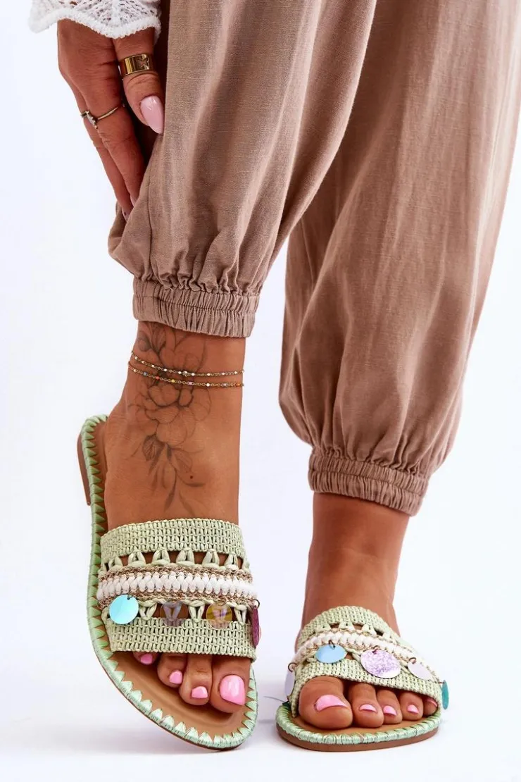 Clearance Boto Damskie Plecione Zdobione Klapki Zielone Millano