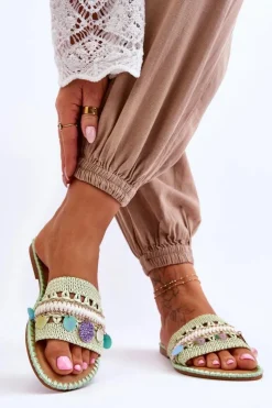 Clearance Boto Damskie Plecione Zdobione Klapki Zielone Millano