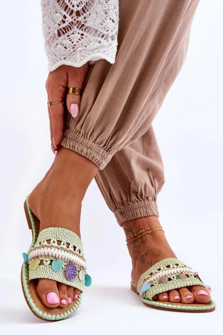 Clearance Boto Damskie Plecione Zdobione Klapki Zielone Millano