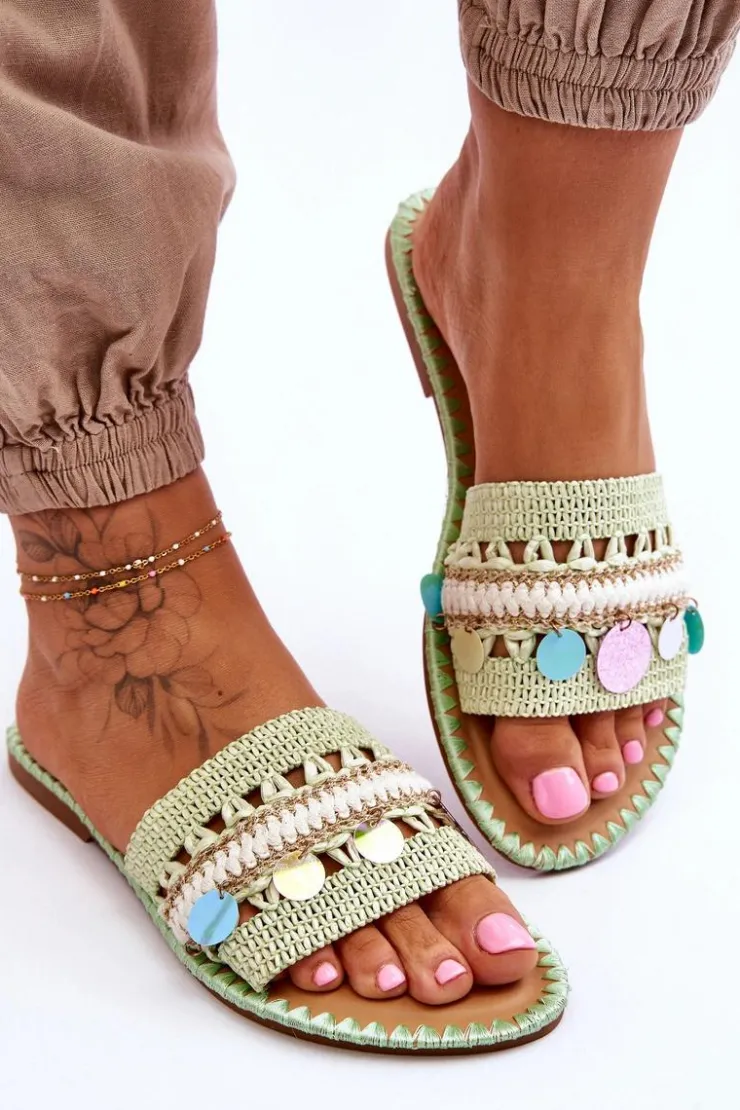 Clearance Boto Damskie Plecione Zdobione Klapki Zielone Millano