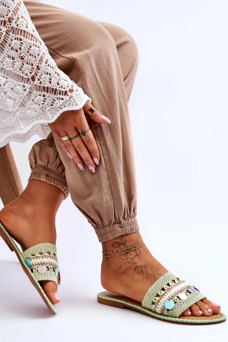 Clearance Boto Damskie Plecione Zdobione Klapki Zielone Millano