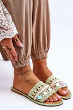 Clearance Boto Damskie Plecione Zdobione Klapki Zielone Millano