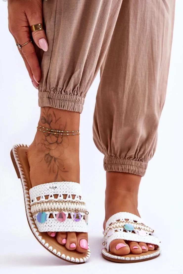 Damskie Boto Damskie Plecione Zdobione Klapki Białe Millano