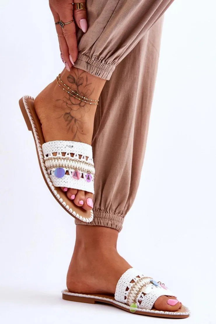 Damskie Boto Damskie Plecione Zdobione Klapki Białe Millano