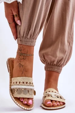 Boto Klapki Damskie Klasyczne*Damskie Plecione Zdobione Klapki Beżowe Millano