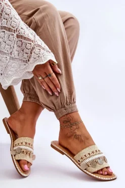 Boto Klapki Damskie Klasyczne*Damskie Plecione Zdobione Klapki Beżowe Millano