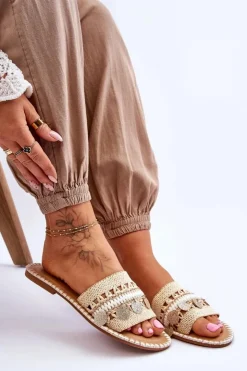 Boto Klapki Damskie Klasyczne*Damskie Plecione Zdobione Klapki Beżowe Millano