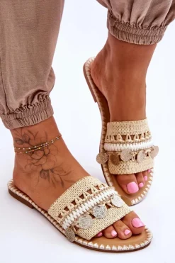 Boto Klapki Damskie Klasyczne*Damskie Plecione Zdobione Klapki Beżowe Millano