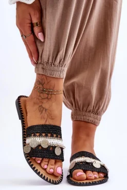 Clearance Boto Damskie Plecione Zdobione Klapki Czarne Millano