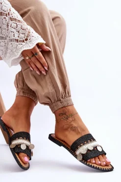 Clearance Boto Damskie Plecione Zdobione Klapki Czarne Millano