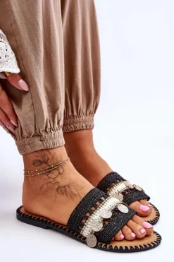 Clearance Boto Damskie Plecione Zdobione Klapki Czarne Millano